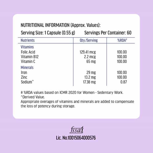 Hk Vitals Chelated Iron + Supplement (60 Capsules) | With Zinc | Vitamin C & Vitamin B12