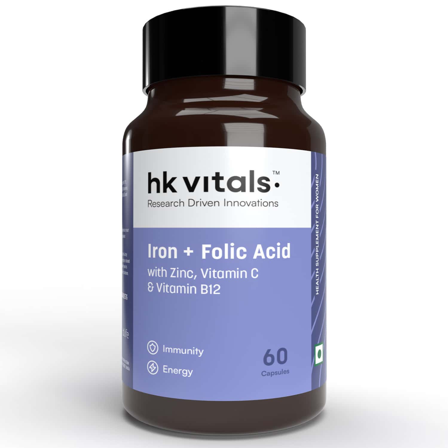 Hk Vitals Iron + Folic Acid Supplement (60 Capsules) | With Zinc | Vitamin C Vitamin B12