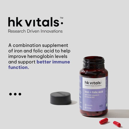 Hk Vitals Iron + Folic Acid (60 Caps) | With Vit C | B12 | Zinc | Supports Blood & Energy