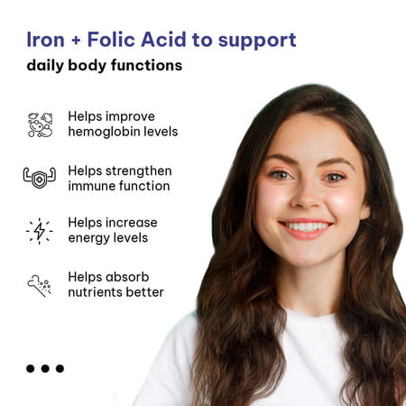Hk Vitals Iron + Folic Acid (60 Caps) | With Vit C | B12 | Zinc | Supports Blood & Energy