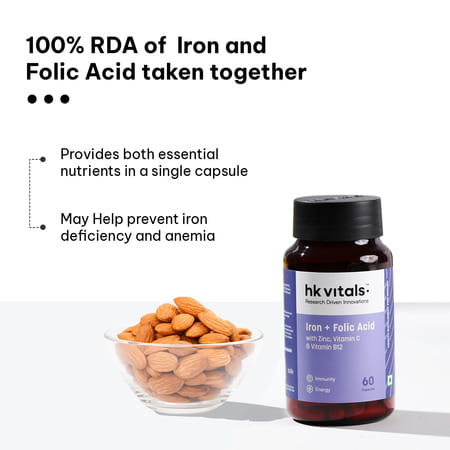 Hk Vitals Iron + Folic Acid (60 Caps) | With Vit C | B12 | Zinc | Supports Blood & Energy