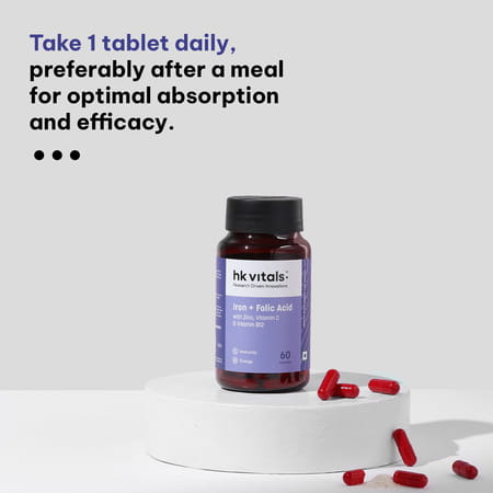 Hk Vitals Iron + Folic Acid (60 Caps) | With Vit C | B12 | Zinc | Supports Blood & Energy