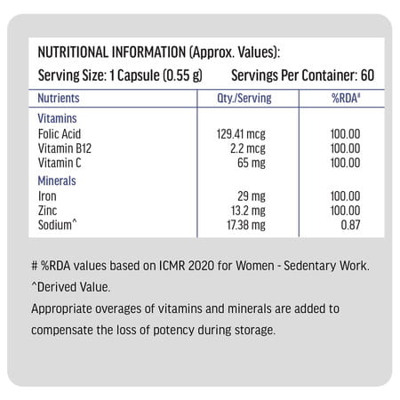 Hk Vitals Iron + Folic Acid (60 Caps) | With Vit C | B12 | Zinc | Supports Blood & Energy