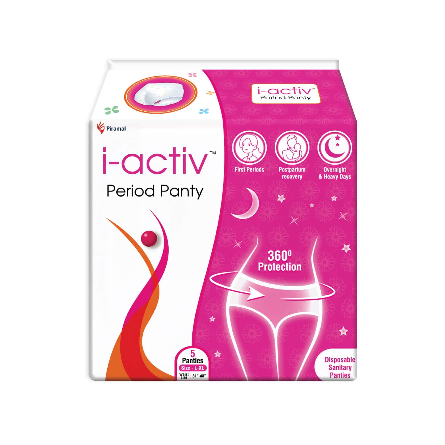 I-Activ Period Panty, Disposable(L-Xl) Waist(31-48 Inches), Pack Of 5,For Heavy Flow,Maternity Pads