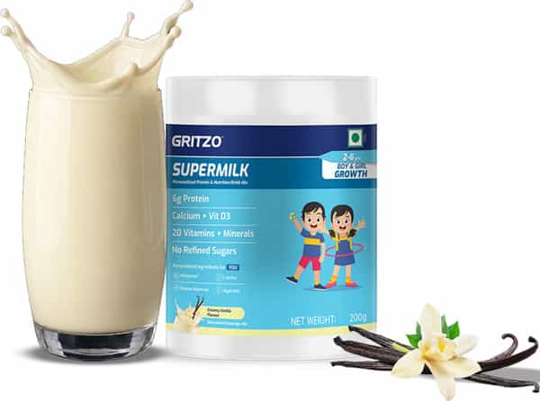 Gritzo Supermilk Growth (2-6Y Kids) | Creamy Vanilla | 200G | 6G Protein With 20 Vitamins & Minerals