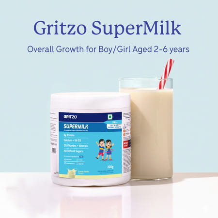 Gritzo Supermilk Overall Growth (2 - 6y Boy & Girl) | 6g Protein Powder (Creamy Vanilla | 200g)