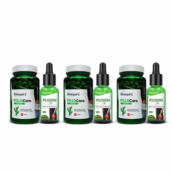 Sheopal's Ayurvedic Piles Care Combo With Pillocare Capsules & Oil | 60 Capsules + 30Ml Oil X 3