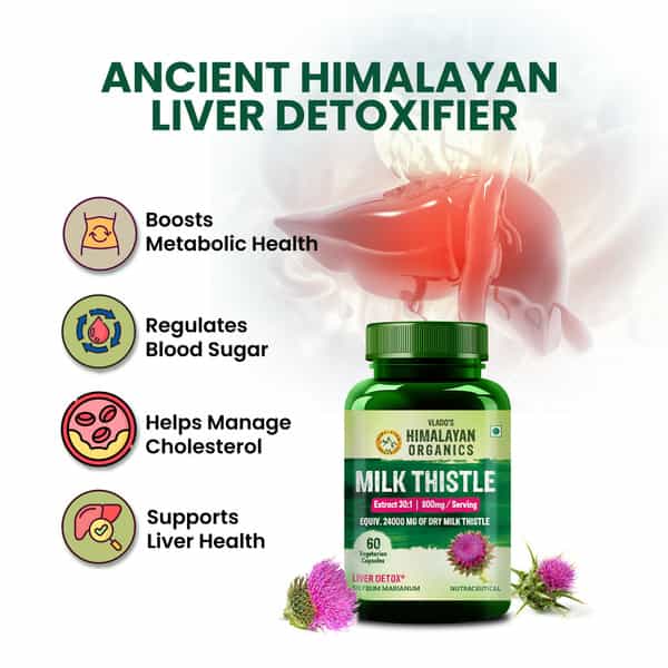 Vlado's Himalayan Organics Milk Thistle Extract | Helps In Cleanse Liver - 60 Veg Capsules
