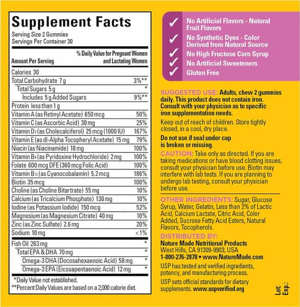 Nature Made Prenatal Gummies | Dha + Folic Acid | 60 Gummies | 30 Day Supply | Vitamin & Mineral