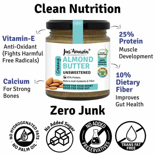 Jus Amazin Creamy Almond Butter - Unsweetened (200G) 25% Protein Vegan