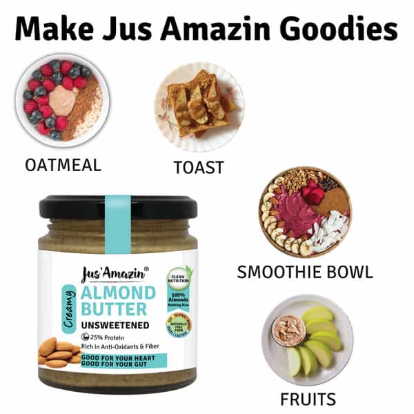 Jus Amazin Creamy Almond Butter - Unsweetened (200G) 25% Protein Vegan