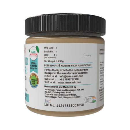 Jus Amazin Creamy Almond Butter - Unsweetened (200g) 25% Protein Vegan