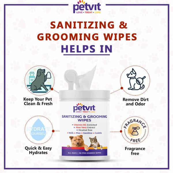 Petvit Cleansing & Grooming Wipes For Dog And Cat Enriched With Aloe Vera - 50 Wipes | Pack Of 2
