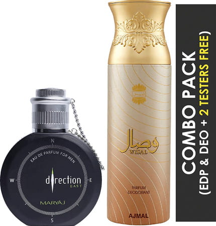 Maryaj Direction East Edp Spicy Perfume 100ml For Men & Ajmal Wisal Deodorant Musky 200ml For Women