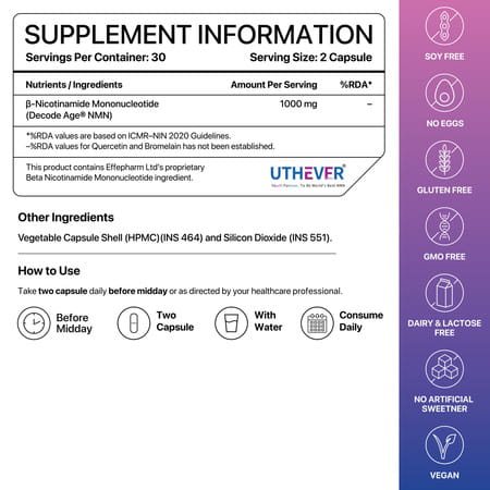 Decode Age Nmn Supplement | 99.9% Pure Beta Nmn | Nad+ Booster For Energy | 1000mg | Veg - 60n