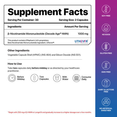 Decode Age Nmn Supplement | 99.9% Pure Beta Nmn | Nad+ Booster For Energy | 1000mg | Veg - 60n