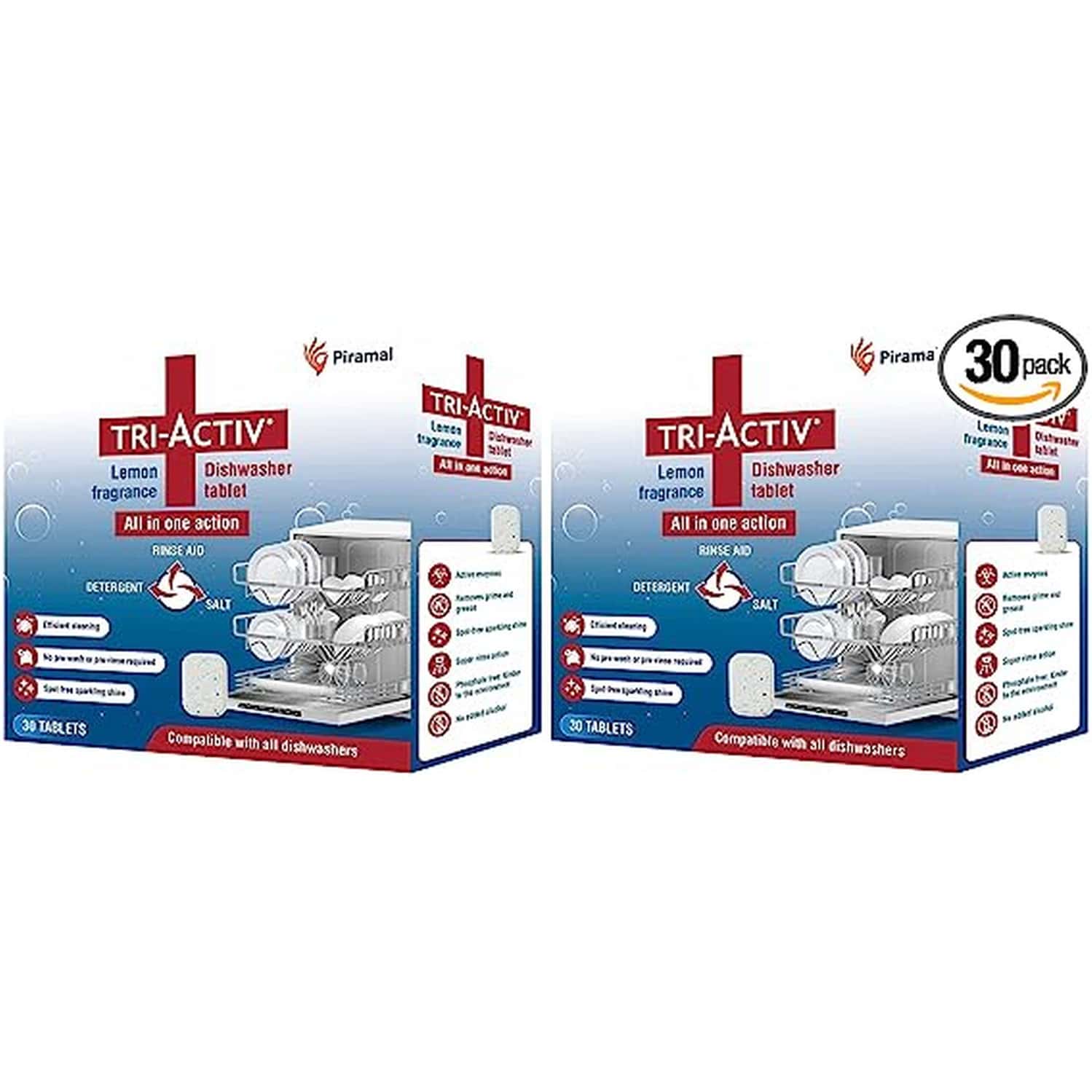 Tri-Activ All-In-One Dishwasher Tablet By Piramal I 30 Units I Lemon Fresh Fragrance (Pack Of 2)