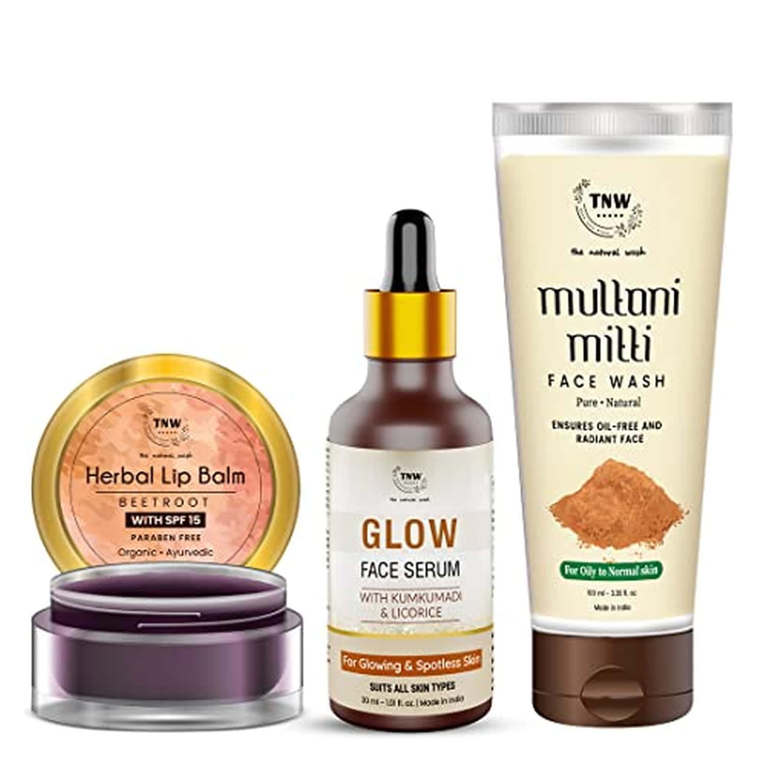 Tnw-skin & Lip Care Combo Of 3 With Glow Face Serum | Multani Mitti Face Wash & Beetroot Lip Balm