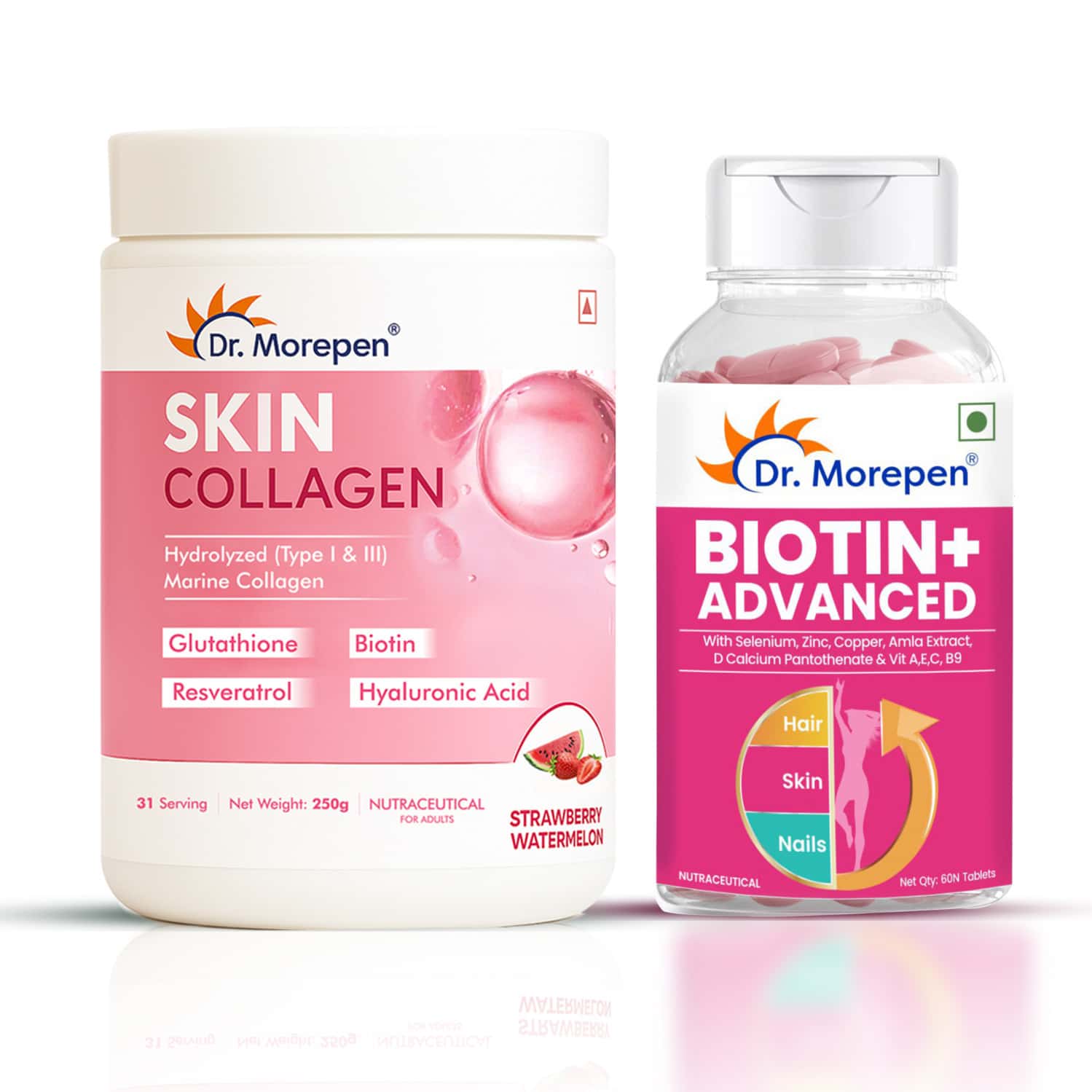 Dr. Morepen Skin Collagen | Strawberry Watermelon | Powder | 250g & Biotin+advanced 60 Tablet |combo