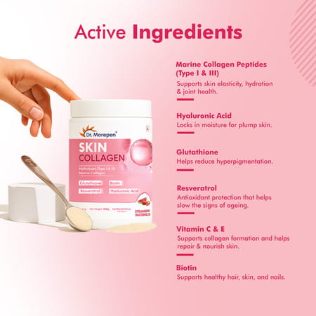 Dr. Morepen Skin Collagen | Strawberry Watermelon | Powder | 250G & Biotin+Advanced 60 Tablet |Combo