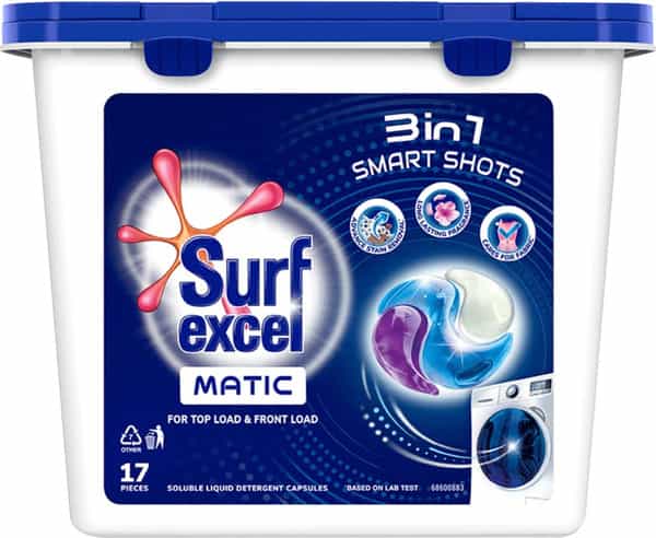 Surf Excel Matic 3-In-1 Smart Shots For Both Front Load And Top Load Machines - Pack Of 17