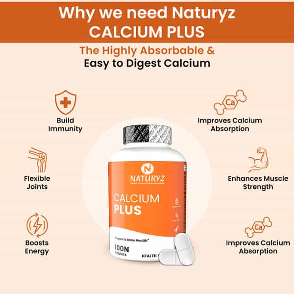 Naturyz Calcium Plus With Calcium Citrate | Vitamin D | Zinc | Magnesium For Bones - 100 Tablets