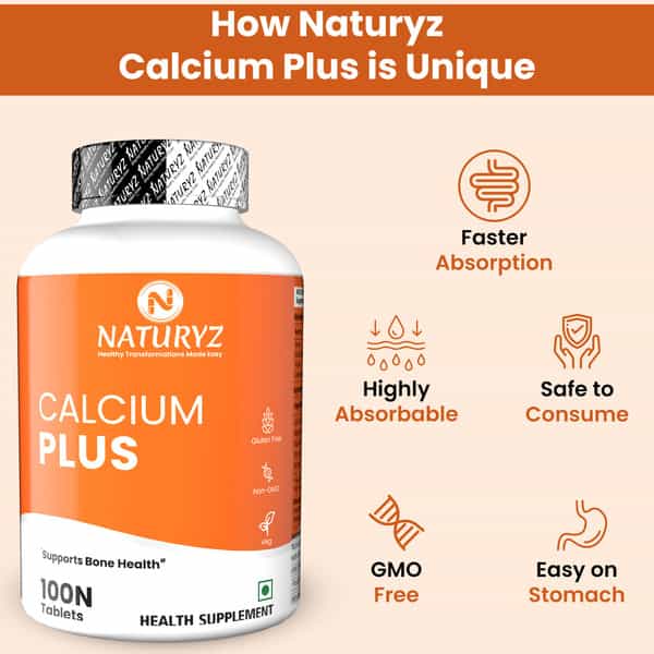 Naturyz Calcium Plus With Calcium Citrate | Vitamin D | Zinc | Magnesium For Bones - 100 Tablets