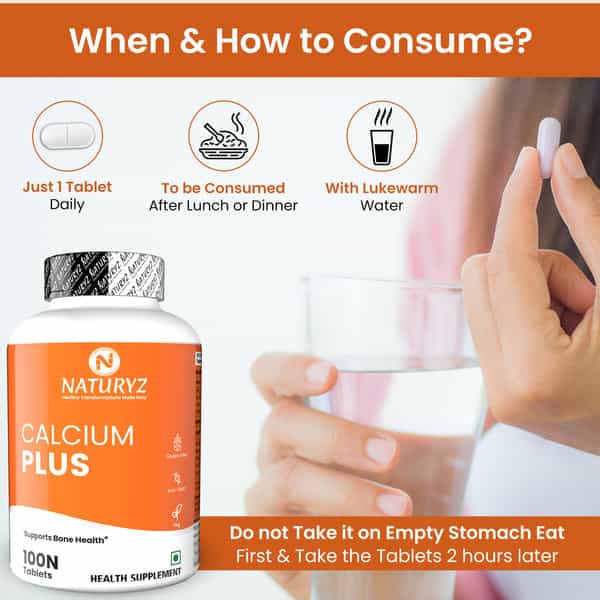 Naturyz Calcium Plus With Calcium Citrate | Vitamin D | Zinc | Magnesium For Bones - 100 Tablets