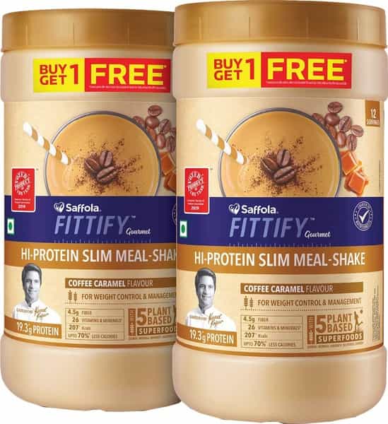 Saffola Fittify Hi-Protein Slim Meal Shake Coffee Caramel Buy 1 Get 1 Each Pack 420 Gm
