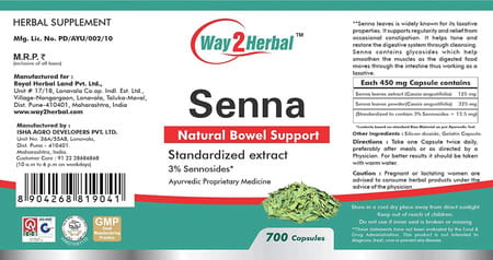 Way2herbal Senna Leaves Capsules 450mg - 700 Caps Value Pack