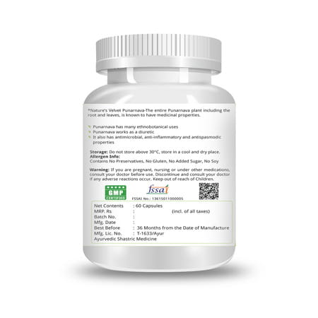 Natures Velvet Punarnava Pure Extract 500 Mg | 60 Veggie Capsules