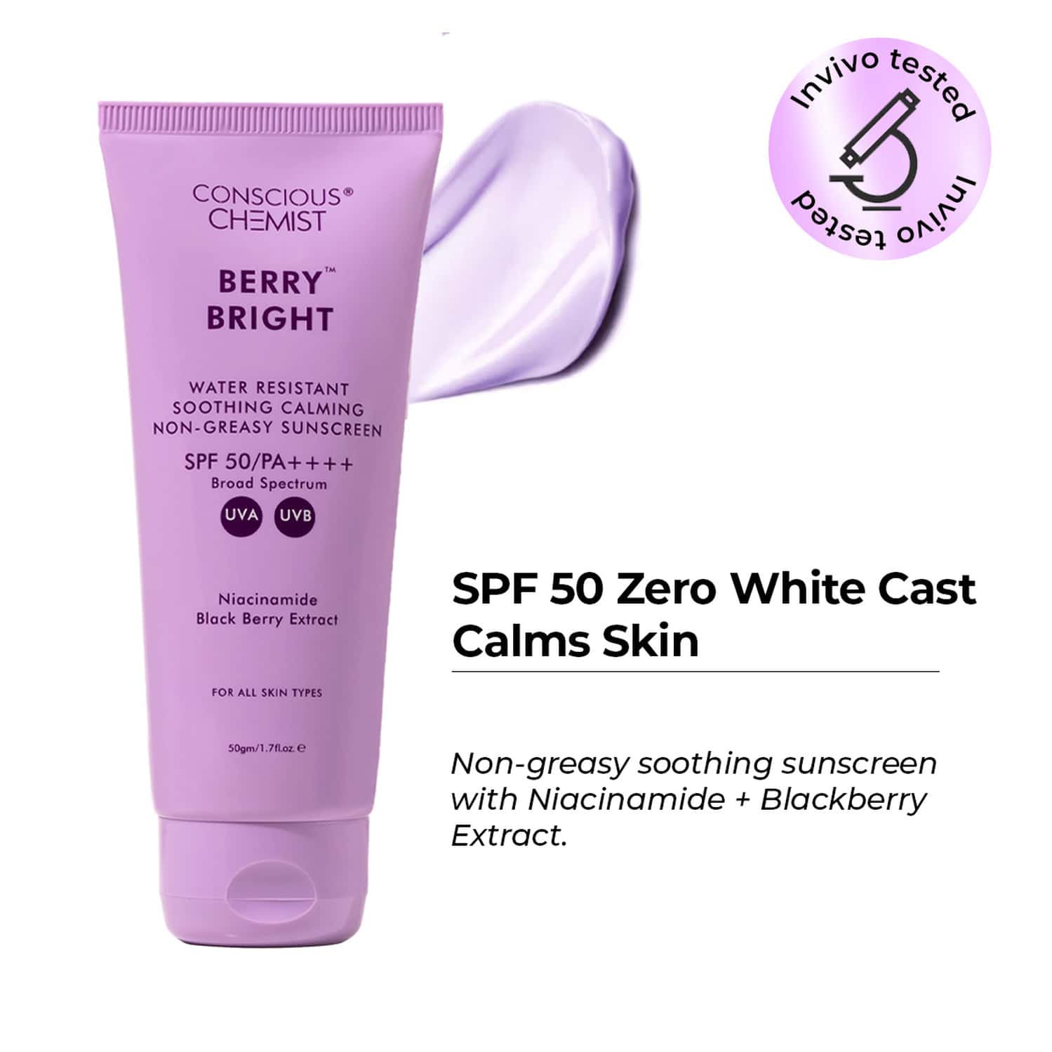 Conscious Chemist Berry Bright Spf 50 Pa++++ Sunscreen | In - Vivo Tested | Uva/uvb Protection | 50g