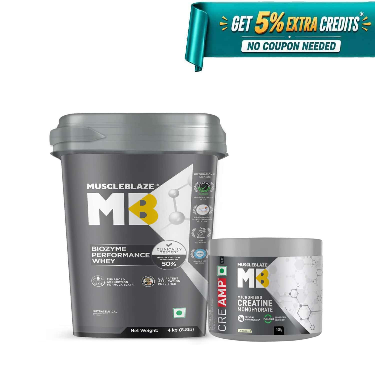 Muscleblaze Biozyme Performance Whey (magical Mango | 4kg) & Creatine Monohydrate Creamp (100g)