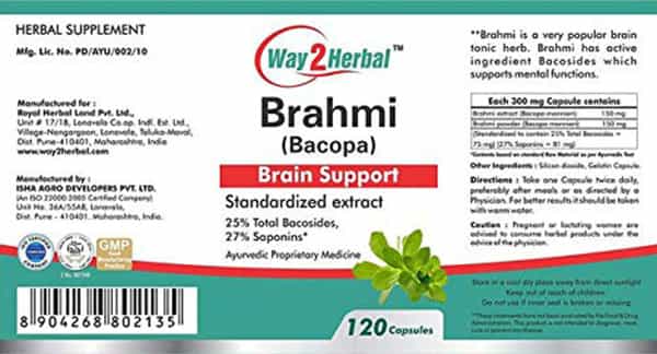 Way2herbal Brahmi Capsules Brain Support - 120 Capsules