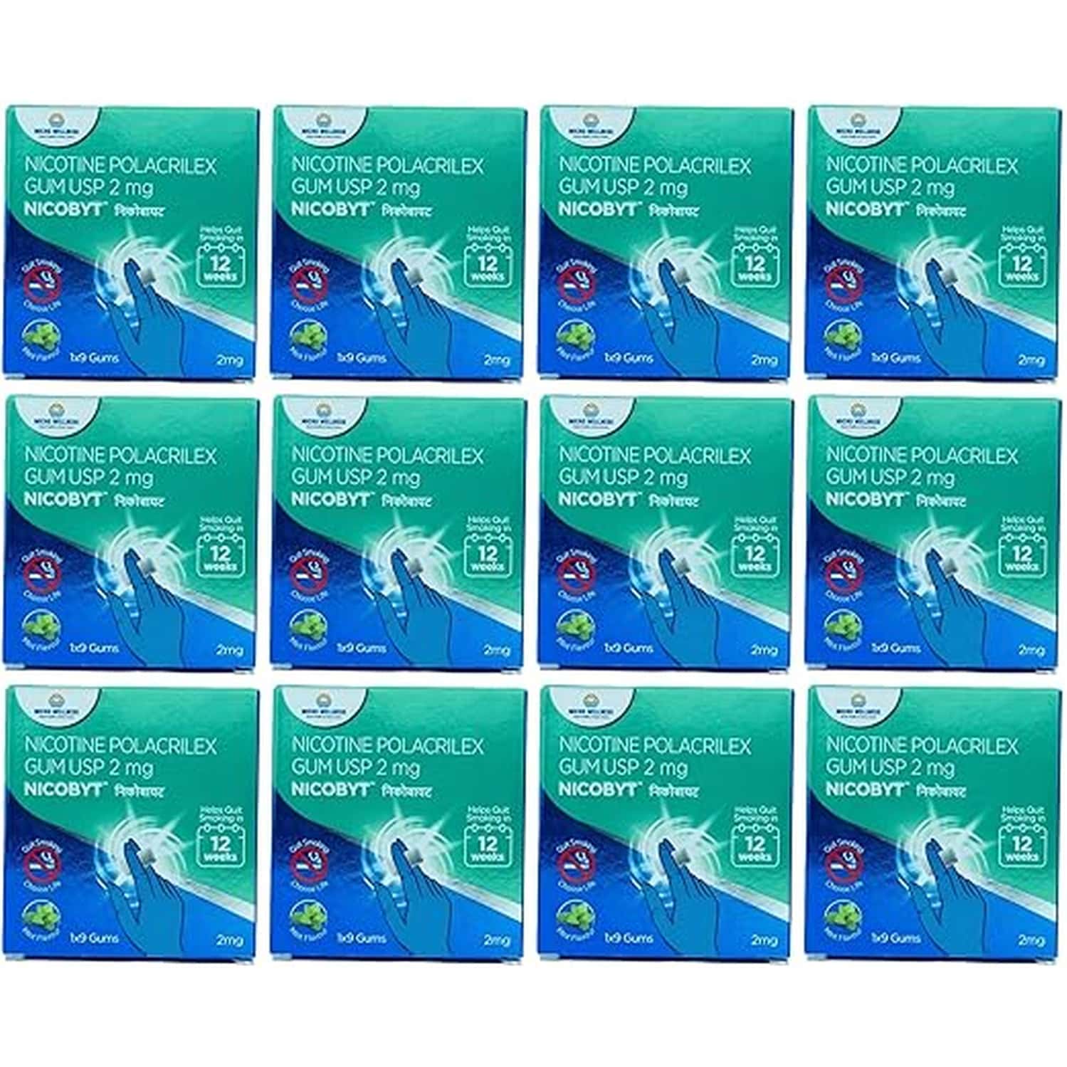 Nicobyt Nicotine Polacrilex Gum U.s.p 2mg - |mint Flavoured| 9 Chewing Gums X Pack Of 12