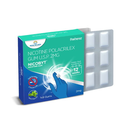 Nicobyt Nicotine Polacrilex Gum U.S.P 2mg - |Mint Flavoured| 9 Chewing Gums X Pack Of 12