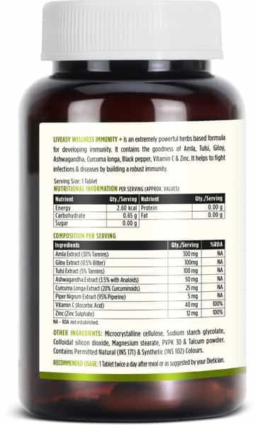 Liveasy Wellness Immunity Plus - Vitamin C & Zinc - With Herbal Immunity Blend - 30 Tablets