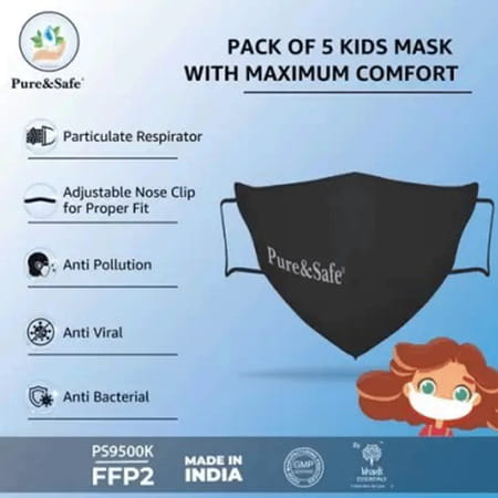 Khadi Essentials Pure&safe N95 Kids Cotton Reusable Face Mask With Nose Clip Pack Of 5 (black)