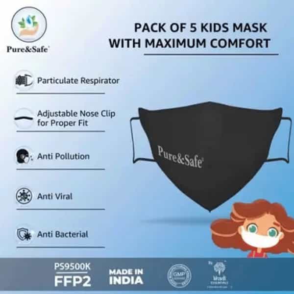 Khadi Essentials Pure&Safe N95 Kids Cotton Reusable Face Mask With Nose Clip Pack Of 5 (Black)