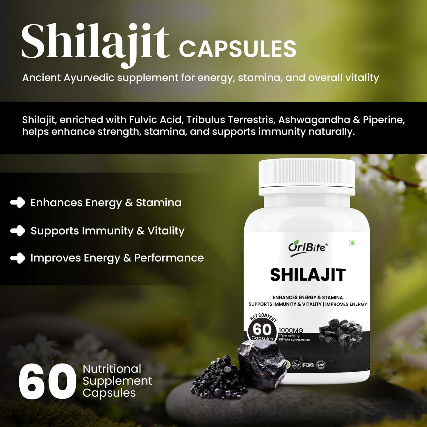 Shilajit 1000mg Capsules For Men & Women Vitality 60 Capsules