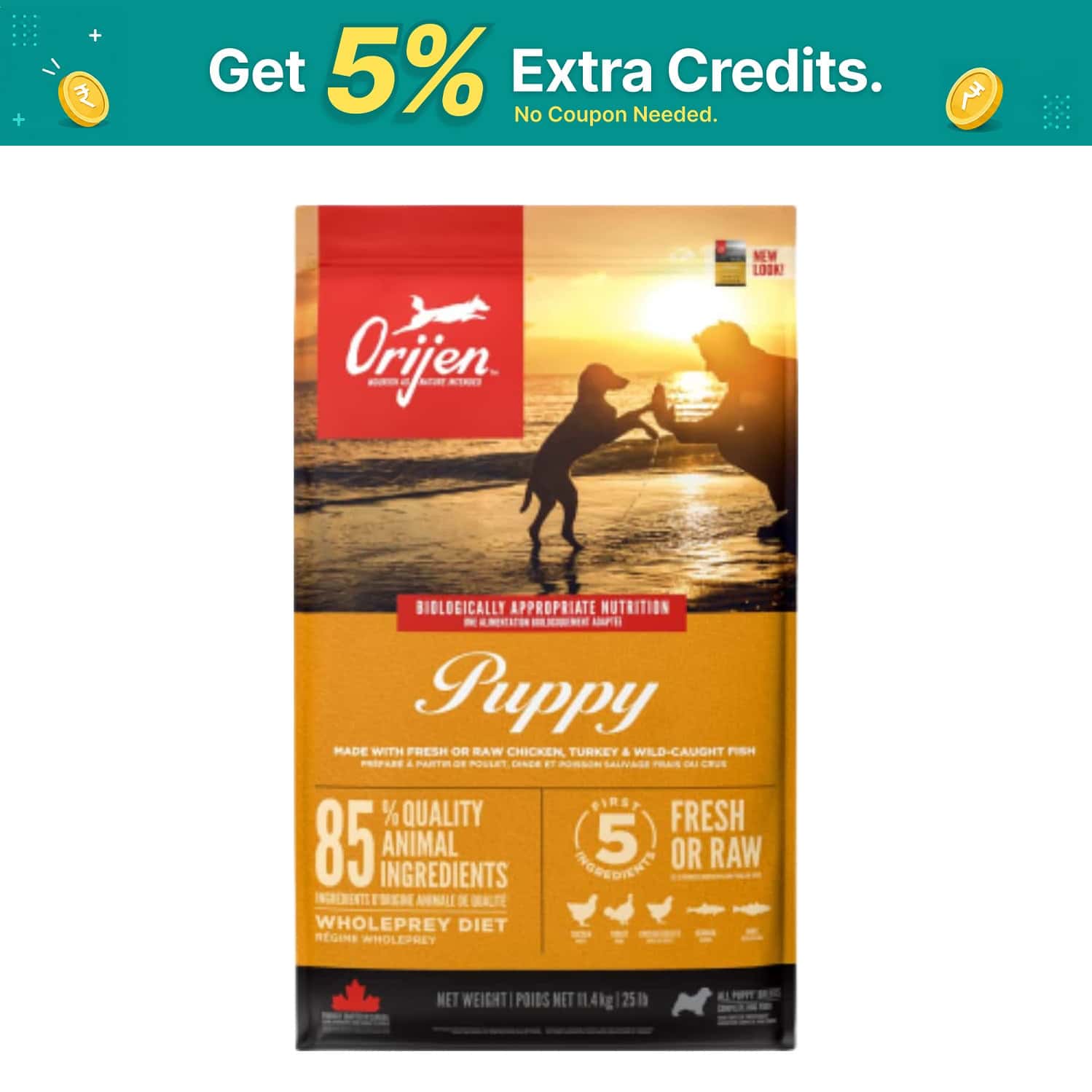 Orijen Puppy Dry Dog Food | Grain Free Dry Dog Food For Puppies | Fresh Or Raw Ingredients | 11.4 Kg