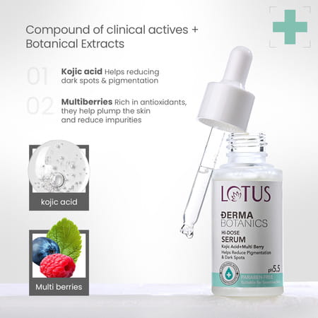 Lotus Dermabotanics Kojic Acid + Multi Berry Hi-Dose Serum | Ph 5.5 | For Sensitive Skin | 28Ml