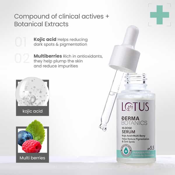 Lotus Dermabotanics Kojic Acid + Multi Berry Hi-Dose Serum | Ph 5.5 | For Sensitive Skin | 28Ml