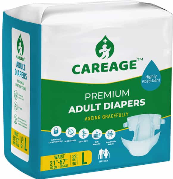 Careage Premium Adult Diaper | Unisex | Waist Size (31-57 Inches) - L (10 Pieces)