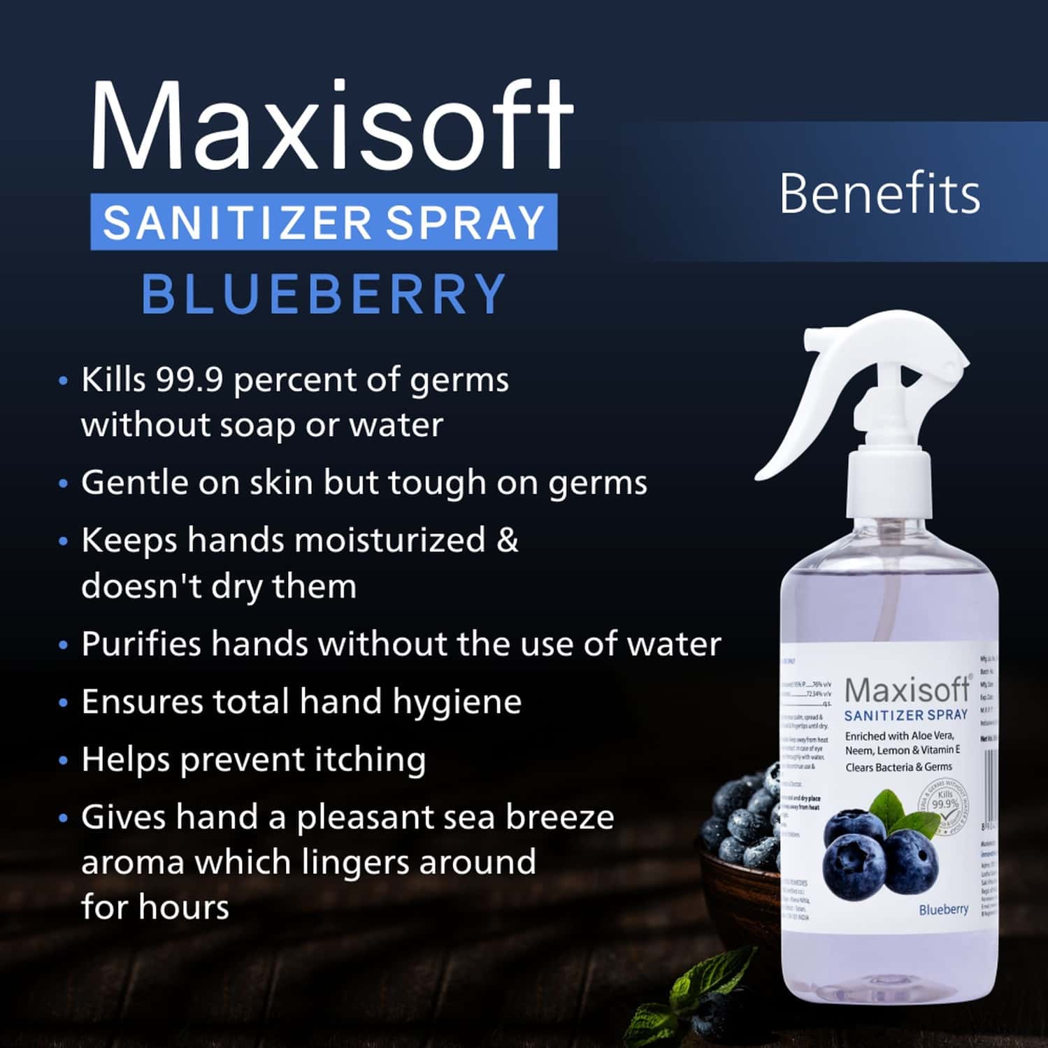 Buy MAXISOFT HAND SANITIZER SPRAY (BLUEBERRY) 500 ML Online & Get Upto