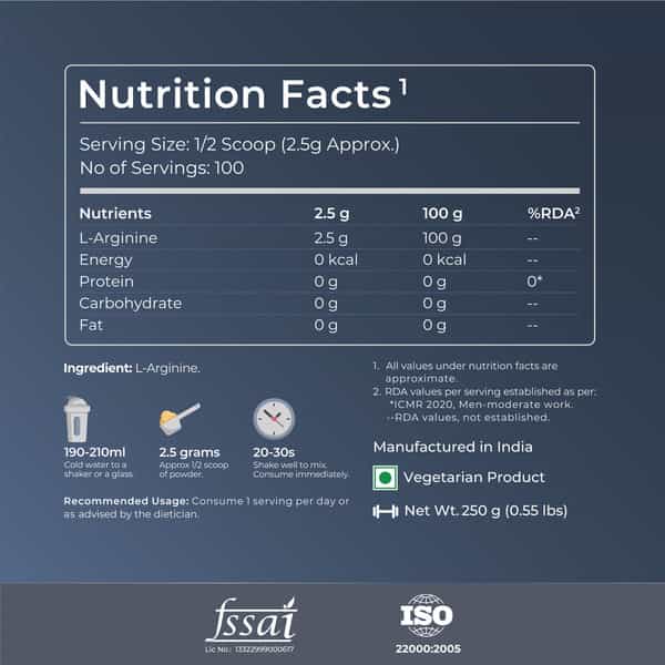 Nutrabay Pure 100% L-Arginine Powder - 250G Unflavoured 100 Servings