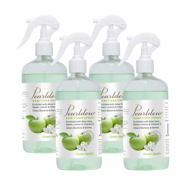 Pearldew Sanitizer Spray (Green Apple) 500 Ml | Aloe & Neem | Paraben Free (Pack Of 4)