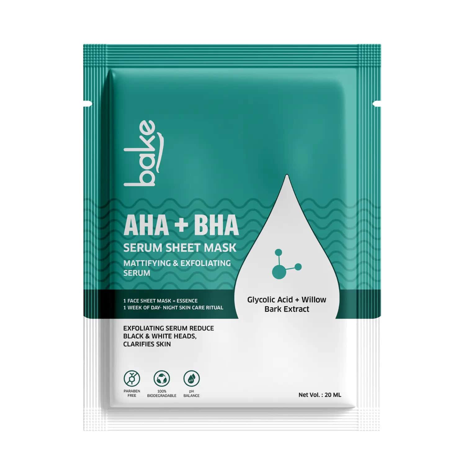 Bake Aha + Bha Serum Sheet Mask For Clear | Glowing Skin & Dark Spots (20g)