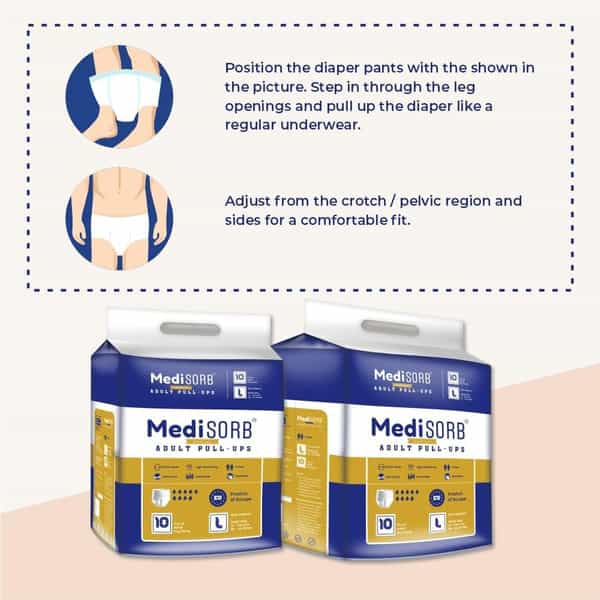 Medisorb Adult Diaper Pants Large | Pull-Ups | Elastic Waist Size 101-152 Cm 10 Piece | Pack Of 10
