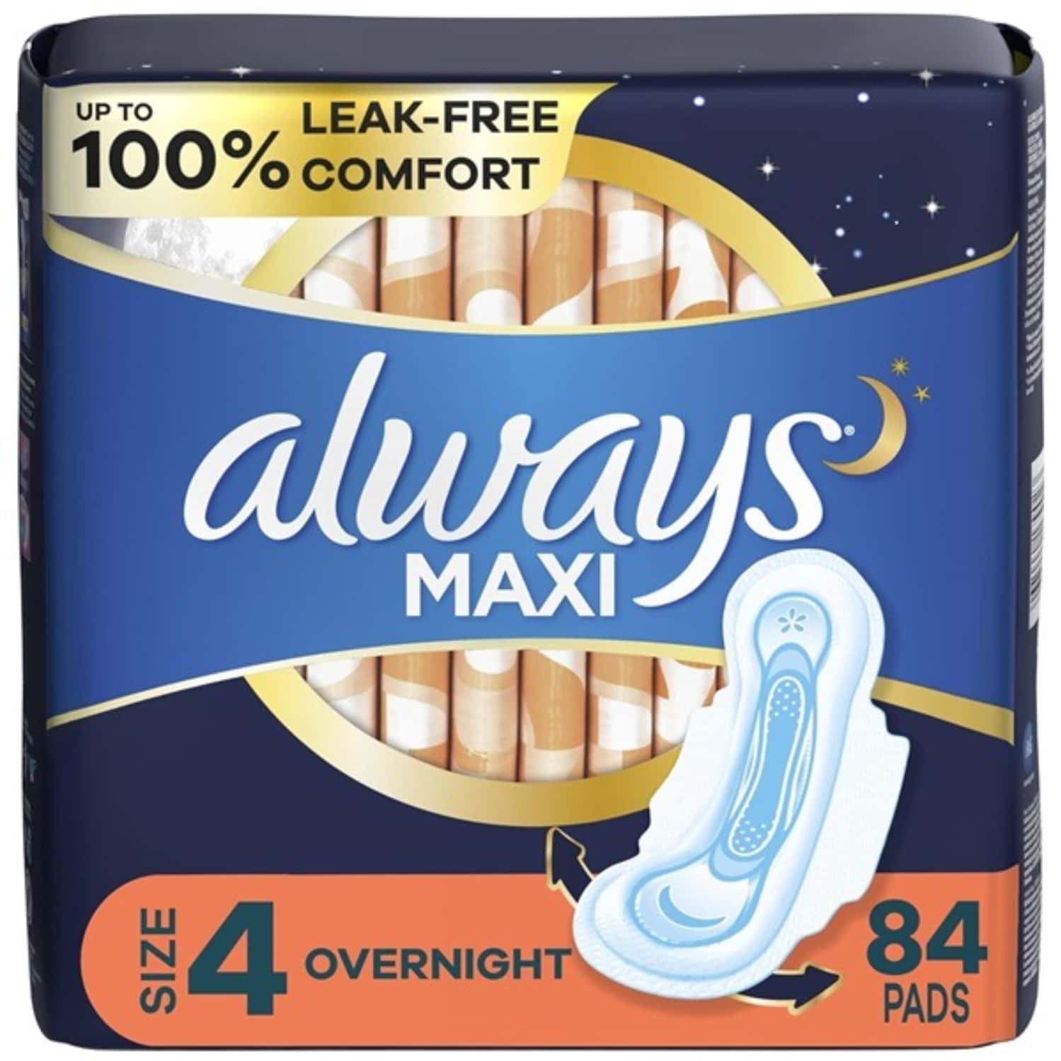 Always Maxi Overnight Pads With Wings| Size 4| Overnight| Unscented| 84 Ct